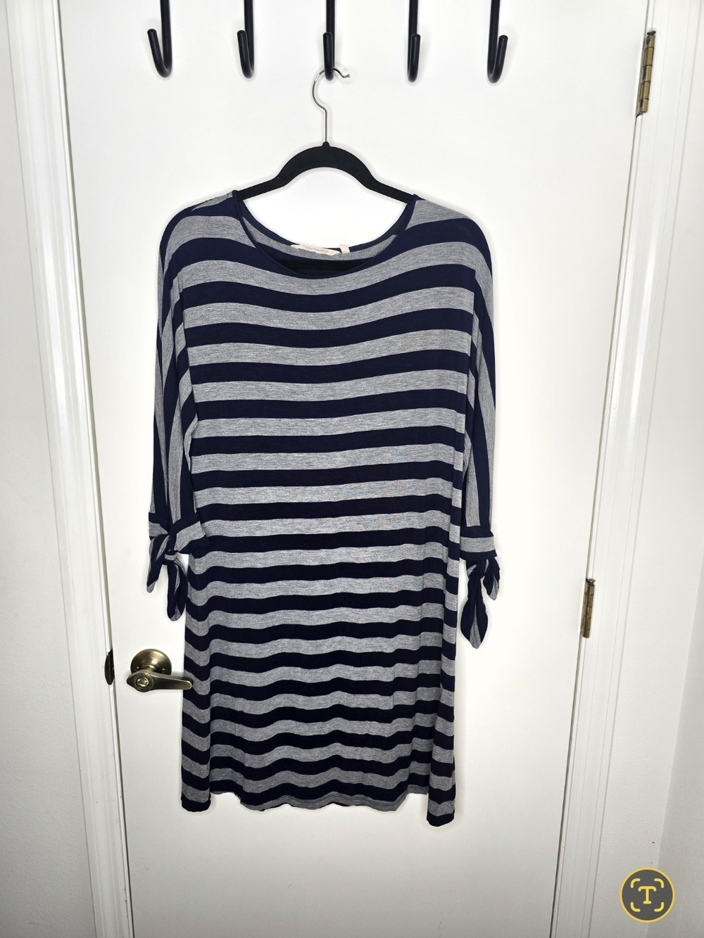 Soft Surroundings Navy and Gray Striped Midi Dress with Tie Sleeves